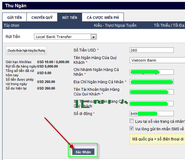 Hướng dẫn rút tiền tài khoản M88BET